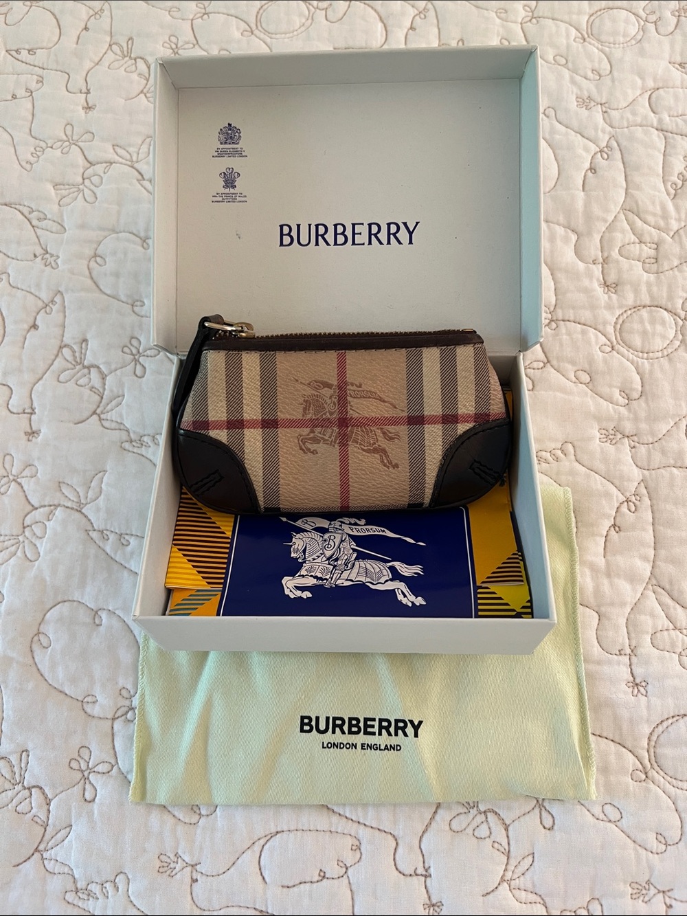 Burberry Beige Plaid Leather-Trim Coin Pouch with Red Accents